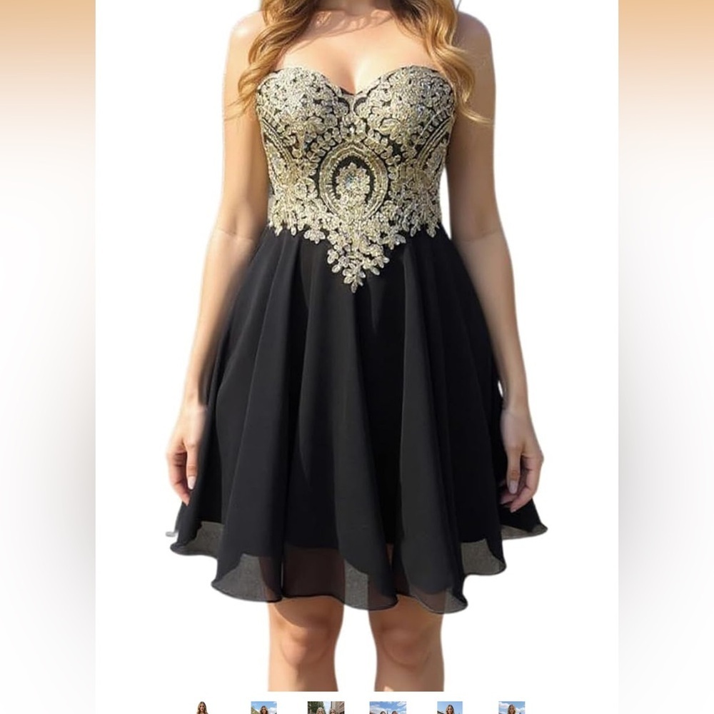 Strapless Black Party Dress with Gold Embroidered Bodice